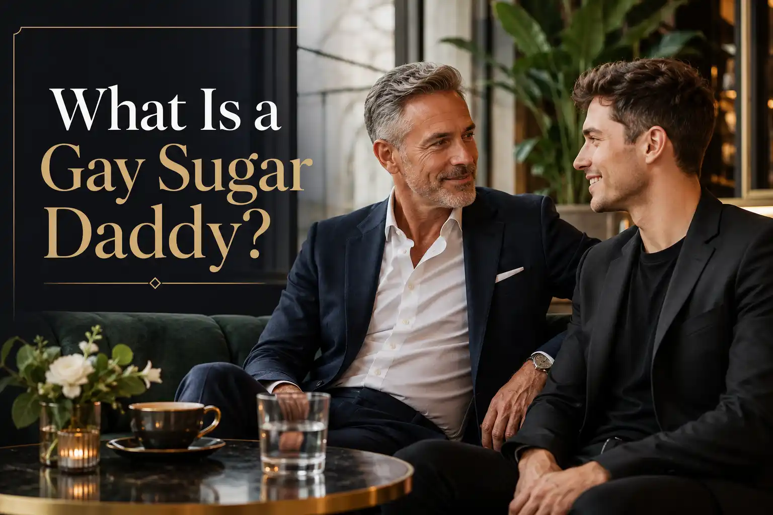 Established gay sugar daddy having a meaningful conversation about dating expectations and boundaries